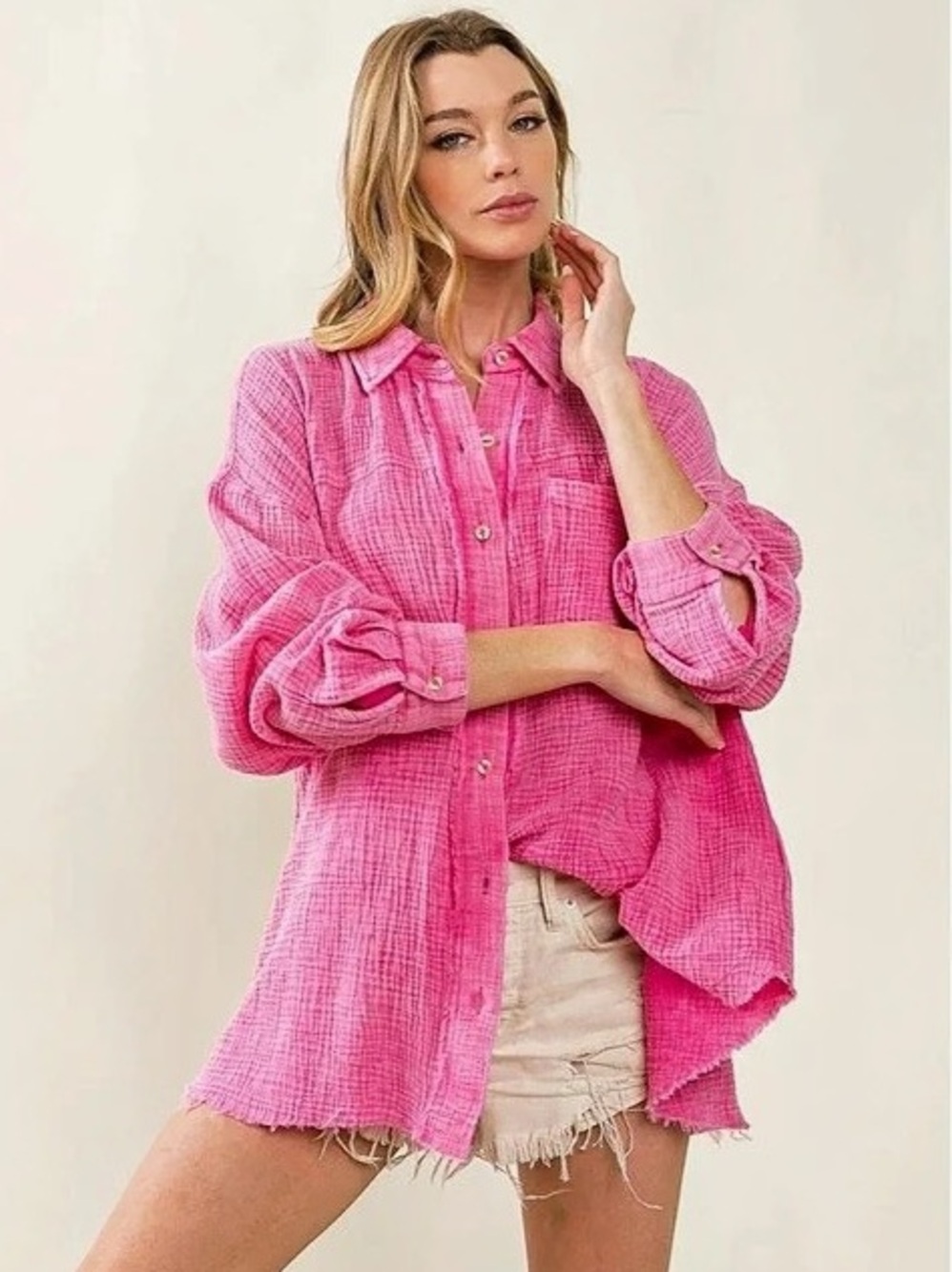 Zenana Raw Edge Detailed Mineral Wash Button Down Shirt Fuchsia Large
